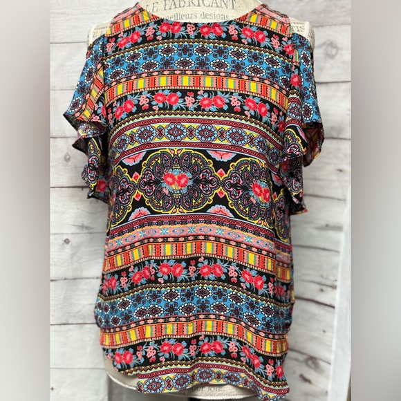 A. Byer Tops - A. Byer Multicolor Bohemian Cold-Shoulder Blouse